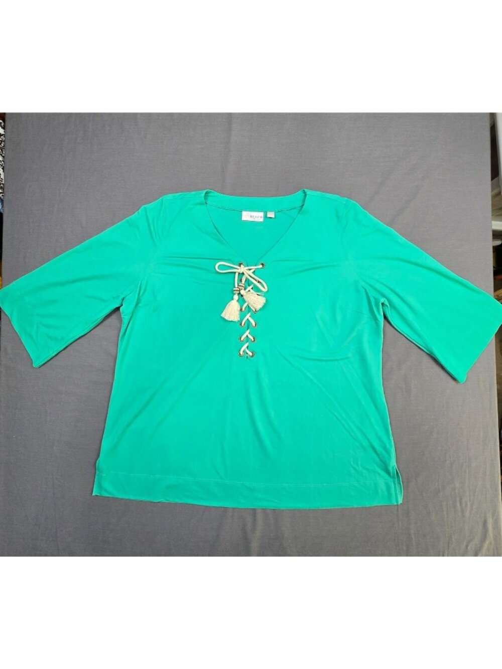 Belle Beach Kim Gravel XL Top Teal Lace-Up Tassel V-Neck Blouse Flare Sleeves